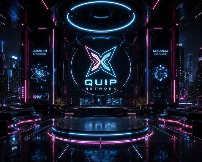 A futuristic neon-lit stage displays the "QUIP NETWORK" logo with "QUANTUM OPTIMIZATION" and "CLASSICAL VERIFICATION" labels, visually emphasizing the quantum computing theme referenced in the post about D-Wave's Advantage2 processor and Proof-of-Work efficiency.