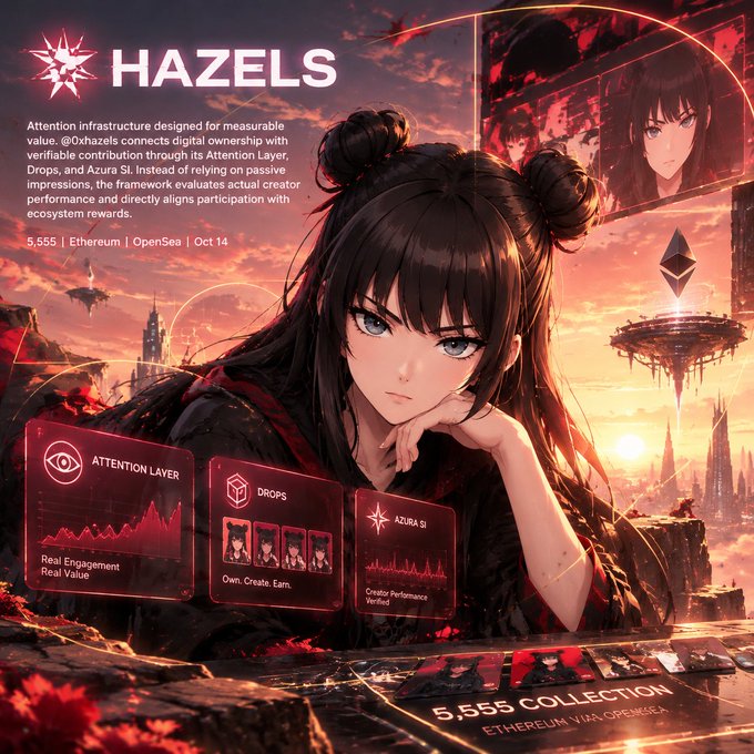 A promotional graphic for 'HAZELS' featuring anime-style artwork, describing it as attention infrastructure for digital ownership with components Attention Layer, Drops, and Azura S.I., marketed as a 5,555 Ethereum collection via OpenSea on Oct 14.