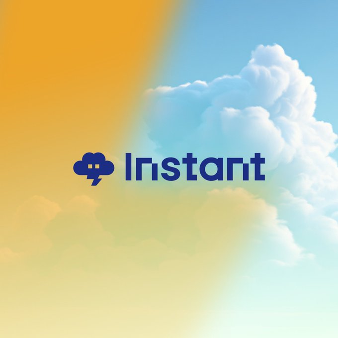 An 'Instant' logo featuring a cloud and lightning bolt icon displayed against a backdrop of blue sky and orange clouds.