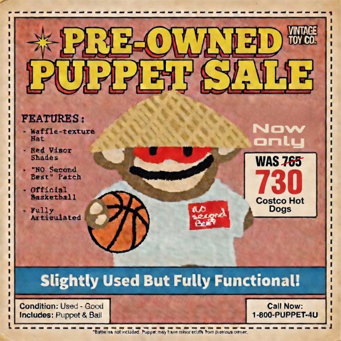 A vintage-style advertisement for a 'Pre-Owned Puppet Sale' from Vintage Toy Co., featuring a waffle-texture hat puppet with red visor shades, a 'NO Second Best' patch, and a basketball, priced at 730 (was 765) Costco Hot Dogs, with the tagline 'Slightly Used But Fully Functional!'.