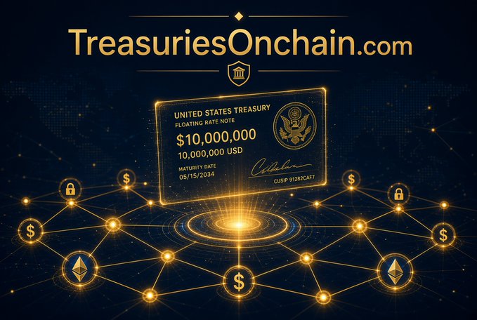 A promotional graphic for TreasuriesOnchain.com features a glowing gold US Treasury Floating Rate Note worth $10,000,000 floating above a network of interconnected cryptocurrency and dollar symbols.