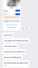 A mobile chat screenshot showing Vietnamese text about a steam account with item drops, asking the recipient to continue using the account.