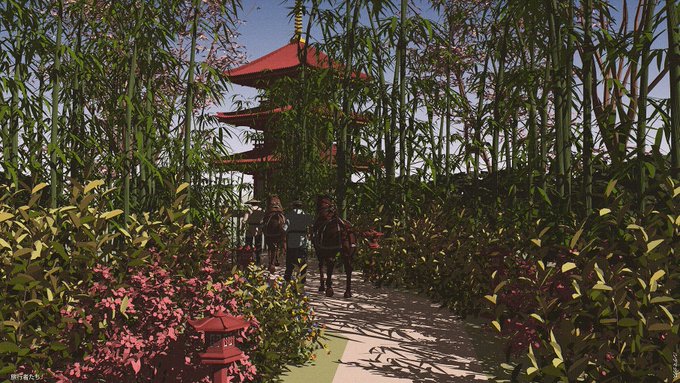A rendered scene featuring a path through lush bamboo and flowering bushes leading toward a red pagoda-style structure, with two silhouetted figures walking along the path.