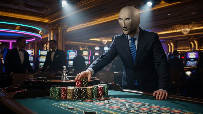 A figure in a dark suit and tie with a blank, mask-like face placing chips on a roulette table in an ornate, lavishly decorated casino.