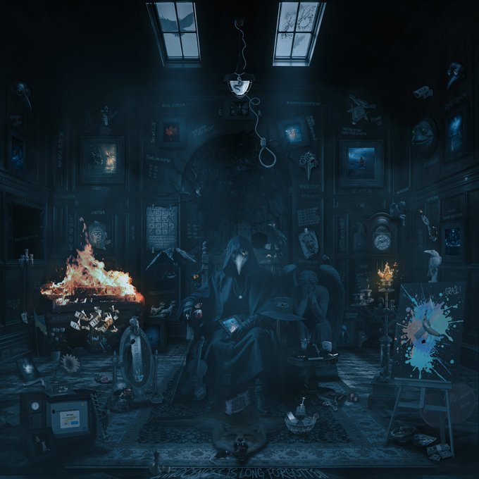A dark, gothic room filled with mysterious objects including a hooded figure holding a glowing device, a skull on the floor, a fireplace, and the text 'MERCILESS IS LONG FORGOTTEN' visible at the bottom.