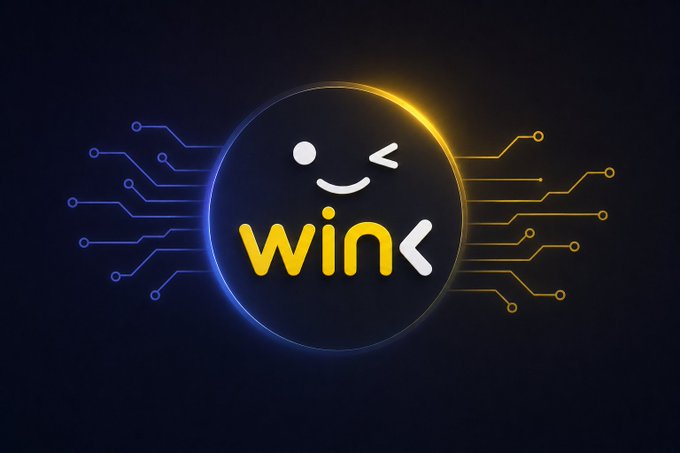 The image features a logo for a company called WINkLink that specializes in providing real-world data for blockchain applications. The logo consists of a yellow circle with a smiley face inside, surrounded by blue lines representing circuits or networks. The text "WINk" is written above and below the circle, indicating the company's name. The image also includes a caption that reads: "Real-world data is essential for advanced blockchain applications. WINkLink acts as the bridge between external information and TRON smart contracts. By delivering trusted data on-chain, it helps power a wide range of decentralized use cases."