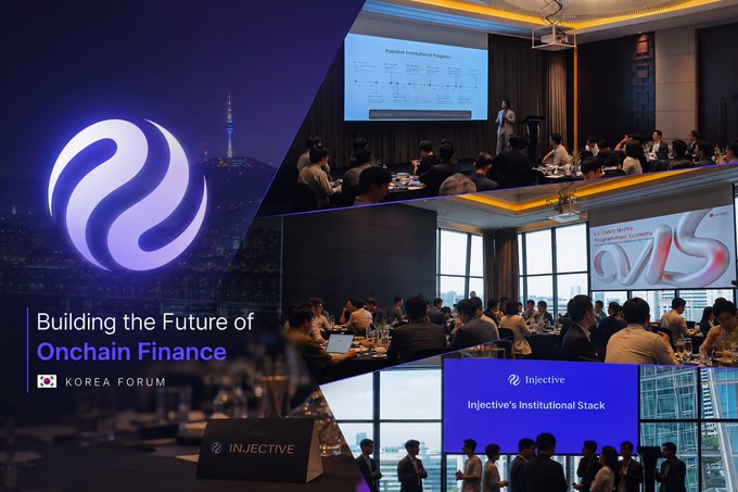 A promotional graphic for the Injective 'Building the Future of Onchain Finance' Korea Forum, showing images of the conference and attendees.