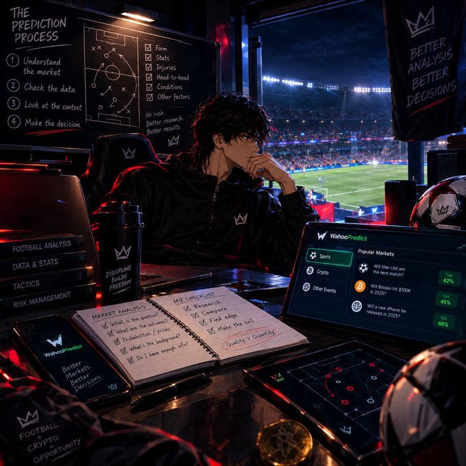 An illustrated scene of a person analyzing sports at a desk with multiple devices, featuring a chalkboard outlining 'THE PREDICTION PROCESS' and screens/laptops showing 'WahooPredict' with sports prediction markets for teams like Man Utd, Brighton, and Liverpool.