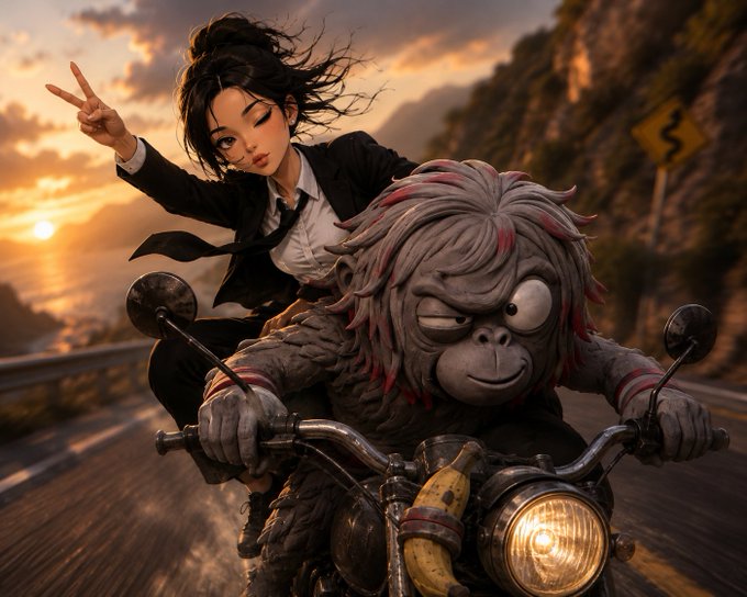 Stylized 3D artwork of an anime-style woman in a business suit making a peace sign while riding on the back of a fuzzy gray gorilla/monkey motorcycle against a sunset coastal landscape.