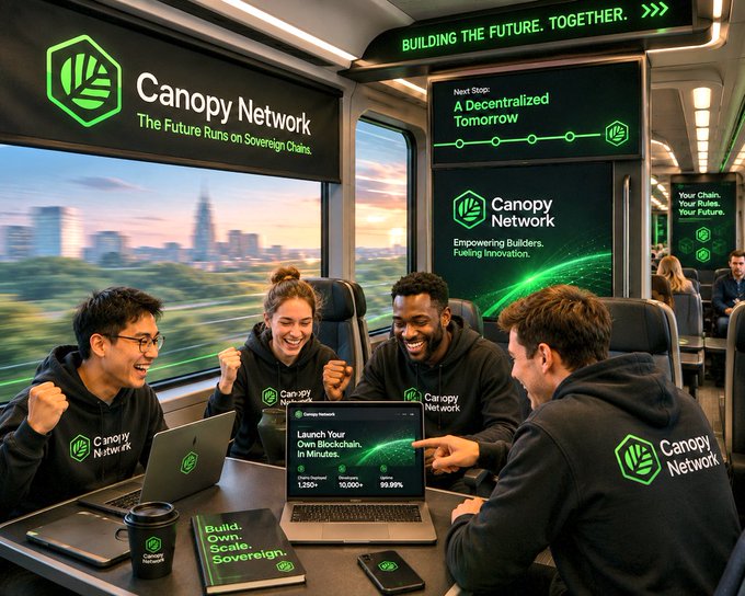 A group of excited developers wearing "Canopy Network" hoodies celebrate aboard a train, with one showing a laptop screen reading "Launch Your Own Blockchain in Minutes" alongside stats "1,250+," "10,000+," and "99.99%," surrounded by signage declaring "BUILDING THE FUTURE. TOGETHER." and "A Decentralized Tomorrow," visually reinforcing Canopy Network's promise of giving builders the freedom to launch quickly without infrastructure burdens.