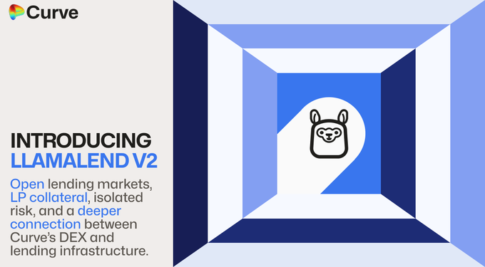 The image features an advertisement for a new lending platform called Llamalend v2. The main focus of the image is a cartoon llama logo, placed within a blue square box with white lines, which forms part of the promotional content. Above this, there is text providing information about the product and how it works. In one sentence at the bottom, it says "Introducing Llamalend v2 A new lending framework built around Curve liquidity".