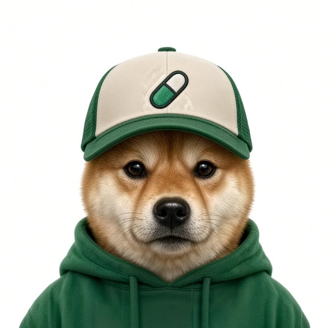 An adorable Shiba Inu (often associated with the Doge meme coin) wears a beige and green trucker cap featuring a pill emblem, paired with a green hoodie, symbolizing the meme coin hype around $PUMPINU referenced in the post.