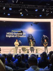 The image shows a presentation on a large stage at an event, with the text "HOOD Summit '25 Engins of Creation" displayed on a screen behind several people speaking, while an audience watches from the foreground.

The image connects to the post by capturing the scene at the Hood Summit '25 where the speaker met Ozzy, praising his character and work ethic while expressing confidence in $PONS on Robinhood Chain.