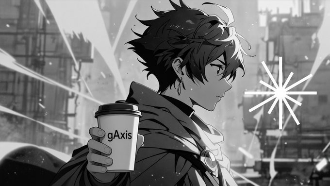Black and white anime-style illustration of a young man with messy dark hair holding a coffee cup labeled 'gAxis' against a futuristic urban background.
