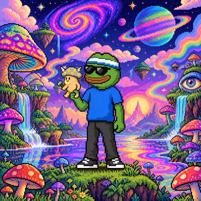 A vibrant psychedelic pixel art illustration of a green Pepe frog character wearing sunglasses and a blue shirt, holding a small creature in a surreal cosmic landscape.