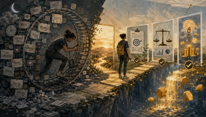 The image features a woman standing at the bottom of a hill, looking up towards a large wheel with a sign that says "I do not want another creator platform that tells me to build community first". The woman has a backpack on her back as she looks upwards. In the background, there are several other people and objects, including a clock tower and a waterfall.