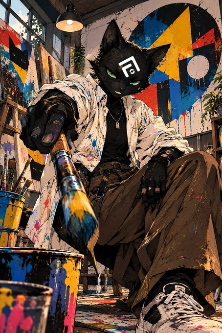 An artistic illustration depicts a black cat-headed character wearing a paint-splattered lab coat, holding a dripping paintbrush in an art studio setting.