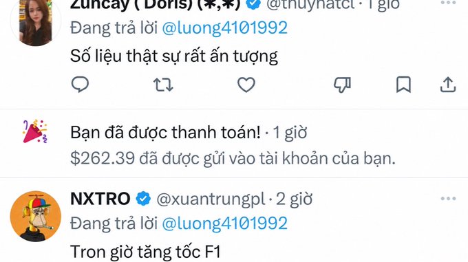 The image shows Twitter/X replies from users "Zuncay (Đoris)" and "NXTRO" both replying to @luong4101992, with what appears to be a payment notification in between showing "$262.39 đã được gửi vào tài khoản của bạn" (has been sent to your account). The accompanying post context suggests the user received a $262 payment but feels underwhelmed compared to others earning $1,000+, and is playfully waiting to see if they can reach $1,262.39 alongside their friend "Phông bạt."