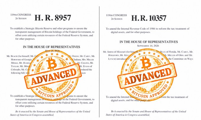 Two U.S. Congressional bills are shown stamped 'BITCOIN APPROVED' in orange: H.R. 8957 (establishing a Strategic Bitcoin Reserve for the Federal Government) and H.R. 10357 (reforming tax treatment of digital assets), dated September 14, 2026.