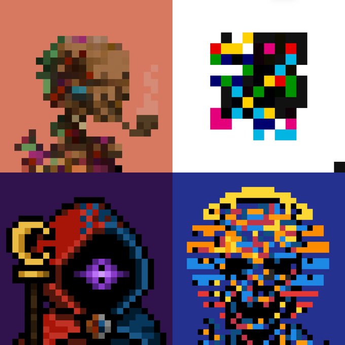 A four-panel pixel art collage showing colorful retro game-style character sprites, including what appears to be a knight with a glowing eye, against solid colored backgrounds.
