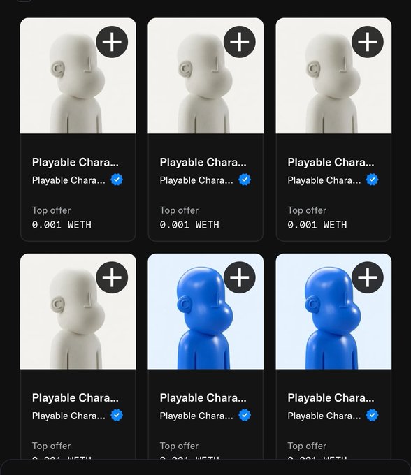 The image displays six NFT listings for "Playable Chara..." characters on a marketplace, priced at 0.001 WETH each as the "Top offer," with four white figures in the top row and two blue figures in the bottom row. This visually supports the post about receiving 6 airdropped Playable Characters from @npconchain, showing the collection of characters now sitting in their wallet.