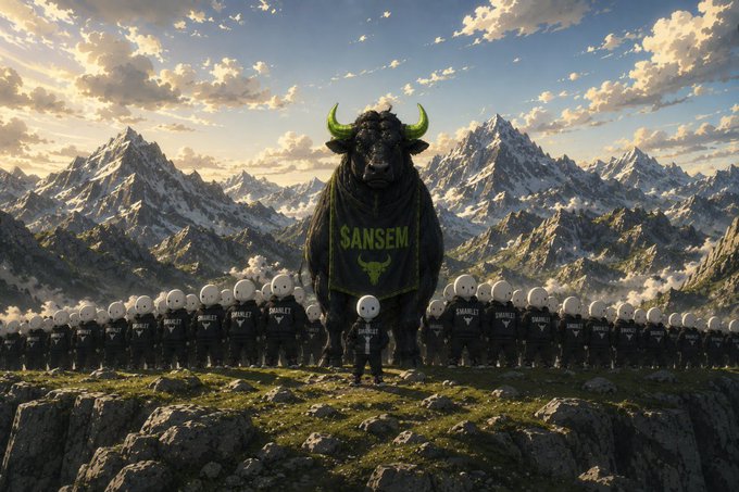 A massive, horned black bull wearing a blanket emblazoned with "SANSEM" towers over an army of small, helmeted soldiers labeled "MANLET" arrayed across a mountainous landscape, with a single tiny manlet standing before the bull—visually reinforcing the meme's "manlet community" urging @blknoiz06 to buy more $MANLET and support $ANSEM buybacks.
