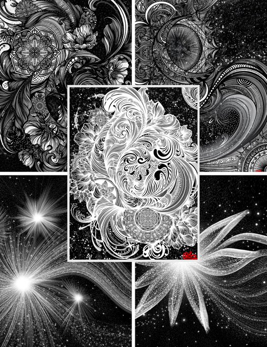 A collage of intricate black and white illustrations featuring swirling cosmic patterns, mandalas, floral designs, and bright stars.