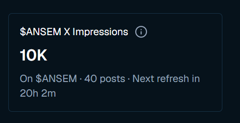 A dark-themed stats card displaying '$ANSEM X Impressions 10K On $ANSEM · 40 posts · Next refresh in 20h 2m'.