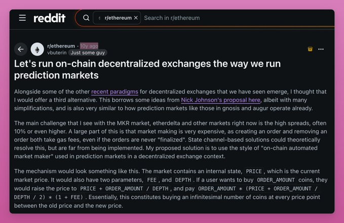 A Reddit screenshot showing a post titled "Let's run on-chain decentralized exchanges the way we run prediction markets" by user "vbuterin" (10y ago) in the r/ethereum subreddit, where they propose an automated market maker mechanism using PRICE, FEE, and DEPTH parameters—conceptually laying the groundwork for Uniswap's design.