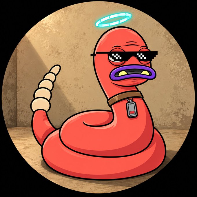 A cartoon illustration of a red worm-like creature wearing pixelated sunglasses, a collar with a tag, and a glowing teal halo above its head.