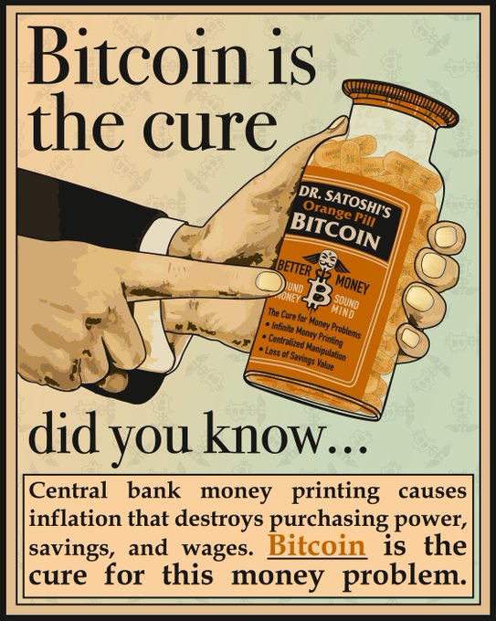 A vintage medical advertisement-style poster titled 'Bitcoin is the cure' showing hands holding a pill bottle labeled 'DR. SATOSHI'S ORANGE PILL'S BITCOIN', with explanatory text about inflation being the disease Bitcoin cures.