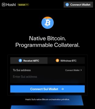 The image shows the Hashi protocol interface with a "Connect Wallet" button and tabs for "Receive hBTC" and "Withdraw BTC," highlighting its native Bitcoin programmable collateral functionality built on Sui. The BTC logo and "Connect Sui Wallet" prompt emphasize Hashi's role as a Sui-based DeFi primitive enabling Bitcoin-backed assets.
