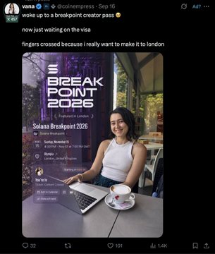 A woman smiles beside a laptop displaying a "Breakpoint 2026" Solana Breakpoint event poster with event details and dates, posted on X (formerly Twitter) by @vana. The image shows her accompanying a post expressing hope for a UK visa to attend the event, which relates to the user's observation about posting the same content twice with and without the Solana tag.