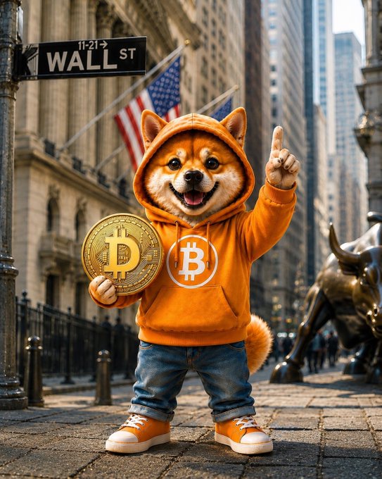 An AI-generated image shows a smiling Shiba Inu dog wearing an orange Bitcoin-logo hoodie and holding a gold Bitcoin coin on Wall Street, with the 'WALL ST' sign and a 'Charging Bull' statue visible.