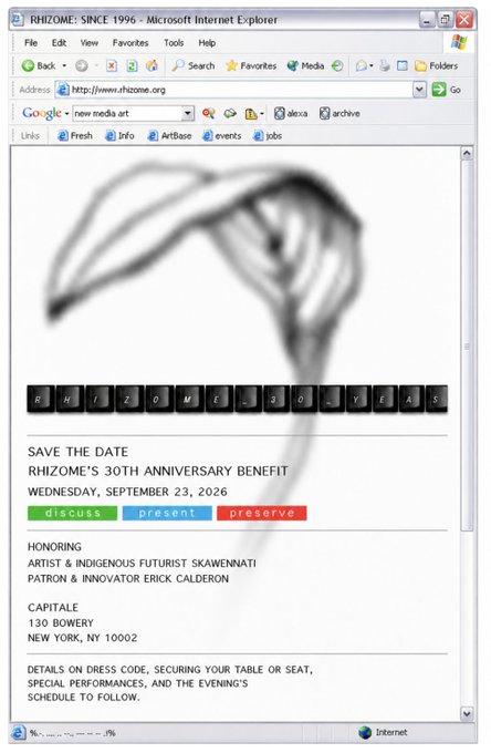 A screenshot of an Internet Explorer browser window displaying the RHIZOME website with an announcement for 'RHIZOME'S 30TH ANNIVERSARY BENEFIT' on Wednesday, September 23, 2026, honoring artist Skawnnati and patron Erick Calderon at 130 Bowery, New York.
