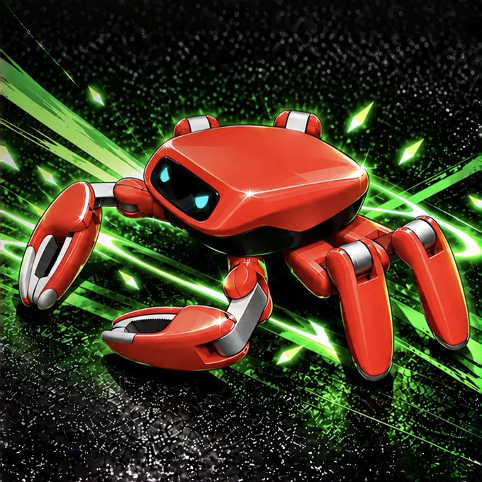 A digital illustration of a red, crab-like robotic creature with large claws and glowing blue eyes against a dynamic green and black background.