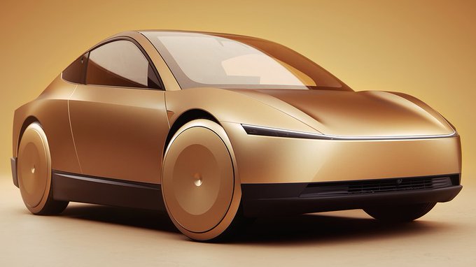 A sleek, golden-bronze concept car, reminiscent of Tesla's futuristic Robotaxi design, is showcased against a warm tan background, highlighting its smooth aerodynamic lines and minimalist styling. The image visually complements the news of Tesla's expanded Robotaxi service hours and tokenized $TSLA on Solana, symbolizing the brand's forward-looking autonomous vehicle ambitions.