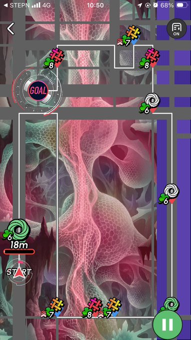 Mobile game screenshot showing a maze-like level with a "GOAL" marker, featuring various icons, numbers (7, 8, 6), a START point, and a pause button on a surreal pink organic background.