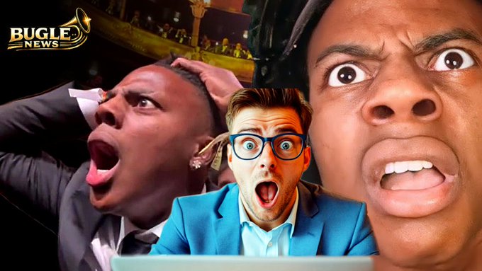 A YouTube thumbnail for 'BUGLE NEWS' featuring three people with exaggerated shocked expressions, with one man in a blue suit in the center and two others reacting dramatically on either side.