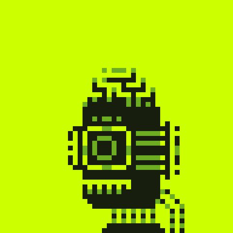 A pixelated, retro-style AI robot rendered in black and green on a bright lime green background, symbolizing the AI agent that minted the NFT collection. The design visually reinforces the post's theme of "Proof of Work by AI agents" powering the first NFT project on Robinhood Chain via the @NeonNodeRH allocation.