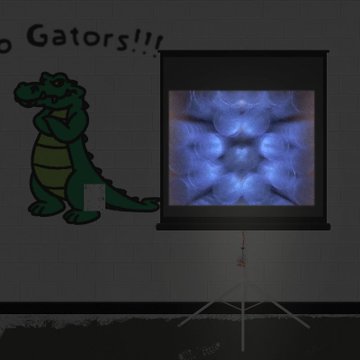 A dimly lit room features a cartoon alligator decal and 'Go Gators!!!' text on a brick wall next to a projection screen displaying an abstract blue image.