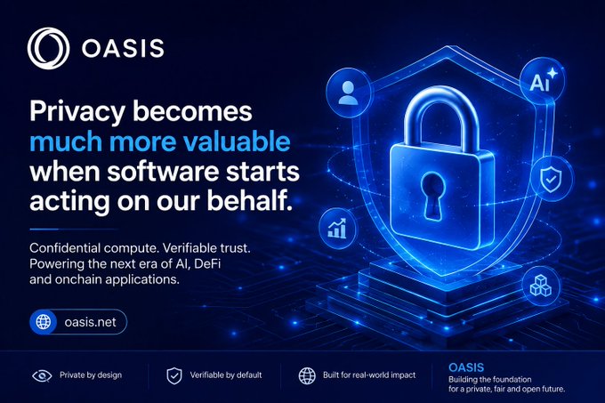 An advertisement for OASIS featuring a glowing blue padlock icon, with the tagline 'Privacy becomes much more valuable when software starts acting on our behalf.' and website oasis.net.