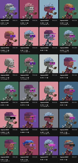 A grid of 24 pixel-art "Argonaut" character NFTs with varying hair colors (pink, purple, blue, gray) on different colored backgrounds, each labeled with "Argonaut" followed by a number (e.g., #0691, #0839) and ETH price (mostly 0.85 ETH). The image illustrates the post's point about Argonaut NFTs currently sitting at a 0.85 ETH floor price—a roughly 7x return from their 0.12 ETH mint cost just weeks earlier.