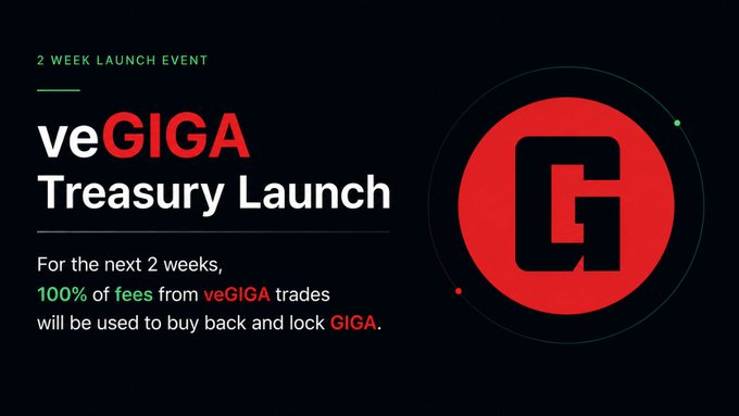 A promotional graphic with a red and black color scheme announces a '2 WEEK LAUNCH EVENT' for 'veGIGA Treasury Launch,' stating that 100% of fees will be used to buy back and lock GIGA.