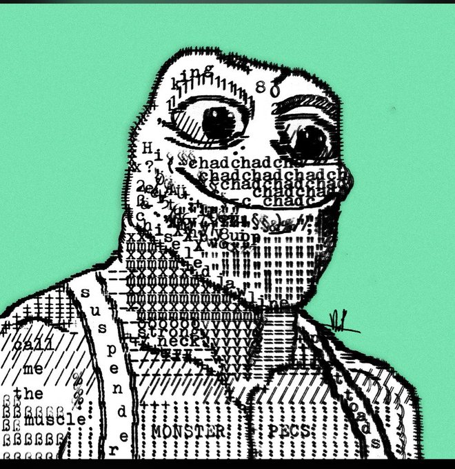 A black-and-white ASCII art illustration of a grinning face on a mint green background, composed of letters, numbers, and symbols including the repeated word 'chad' across the mouth area.