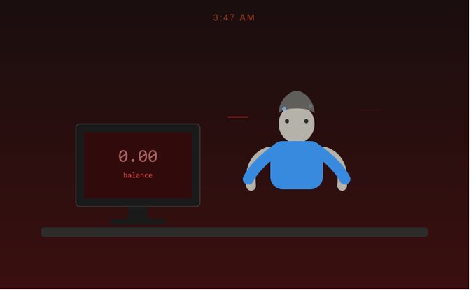 A cartoon figure stands at a desk with a computer showing a "0.00 balance" at 3:47 AM, evoking the image of someone anxiously watching their crypto portfolio overnight. The scene's dark, minimalist aesthetic and the zero balance visually reinforce the post's warning about quantum computing's potential threat to Bitcoin and Ethereum's cryptographic security.