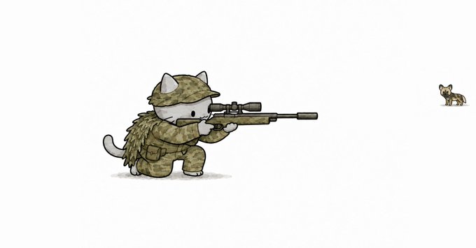 A simple cartoon drawing of a cat dressed in military camouflage gear and helmet, holding a sniper rifle aimed at a much smaller cat in the distance on a plain white background.