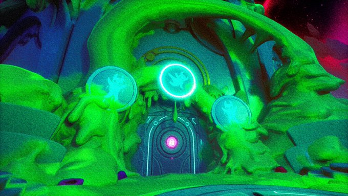 A video game scene depicting a green, otherworldly cave with glowing turquoise orbs and a central archway with a pink gem.