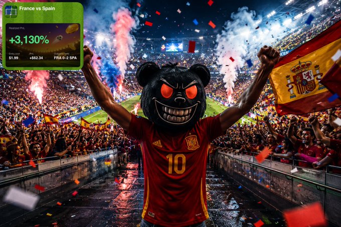 A person wearing a black bear mask with red eyes and a Spain national team jersey (number 10) raises their arms in victory at a packed stadium, with a Spanish flag visible and an overlay showing 'France vs Spain' betting odds at +3,130%.