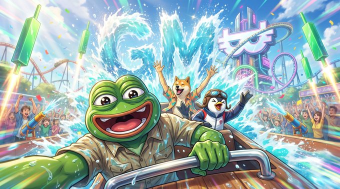 A green turtle, a cheerful Shiba Inu, and a penguin wearing goggles ride a thrilling water roller coaster through a massive splash, surrounded by an excited crowd and amusement park attractions. The image's exhilarating, fun-filled energy mirrors the post's invitation to "GM Gamers" and jump into the excitement of Nakamoto Games ($NAKA).